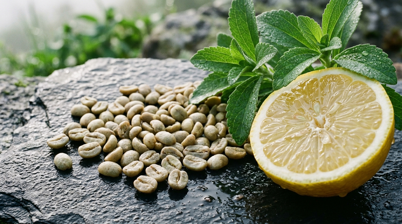 Raw green coffee beans, glistening fresh lemon and dew-dropped stevia